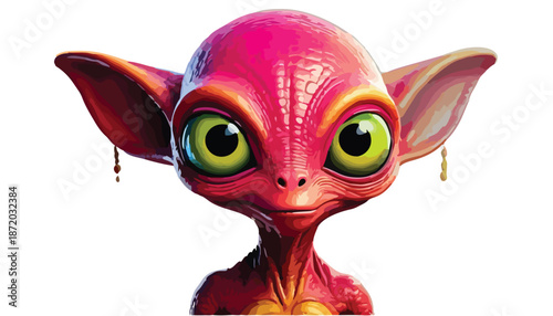 Close-up of a Pink Alien with Large Green Eyes.