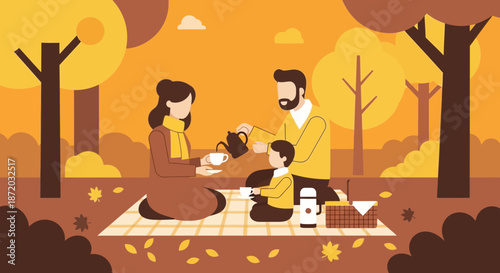 A heartwarming cartoon illustration of a family enjoying a picnic in an autumn park atmosphere
