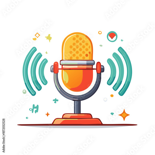 Vintage Microphone with Sound Waves Illustration Podcast Recording Broadcasting