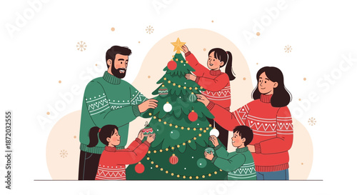 A heartwarming family moment decorating a Christmas tree together creates holiday memories showing