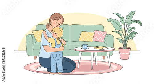 A heartwarming illustration depicting a mother tenderly embracing her child in a cozy living room