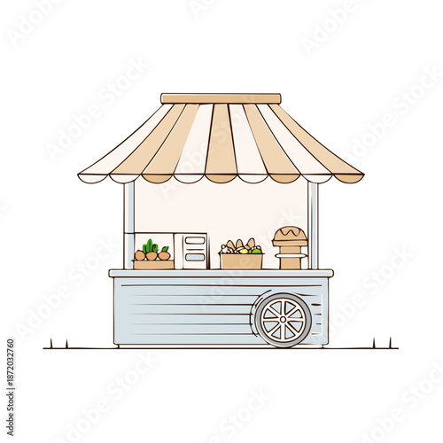 Charming Food Kiosk Illustration:  Mobile Stall with Awning and Various Food Items on Display for Commercial Use