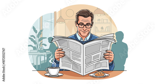 A man with glasses reading a newspaper at a cafe with coffee and croissant illustration