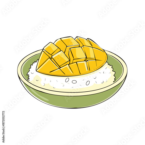Illustration of Mango Sticky Rice in a Bowl Traditional Asian Dessert Colored Digital Drawing Sweet Food