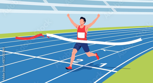 A Runner's Triumphant Victory Crossing the Finish Line with Arms Raised in Celebration