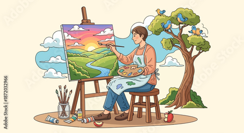 A serene artist's retreat cartoon showcasing creativity nature and colorful landscapes