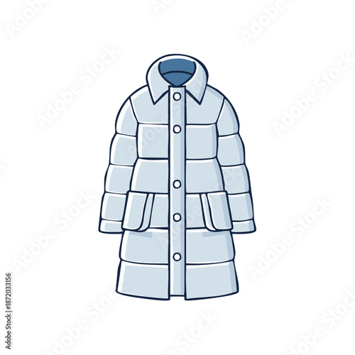 Light Blue Winter Puffer Coat Fashionable Outerwear Garment Warm Winter Clothing Cartoon Design Style Isolated