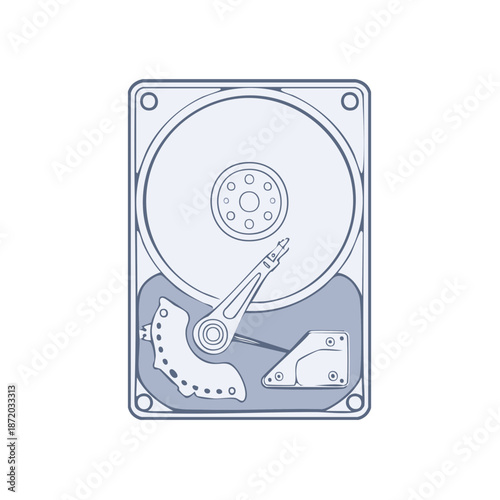 Hard Drive Internal Components Illustration, Technology Data Storage System, Media Device Concept, Disk Drive Mechanism Outline