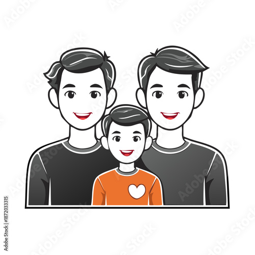 Two Men and a Child Portrait Illustration of Non-Traditional Family with Love and Joy