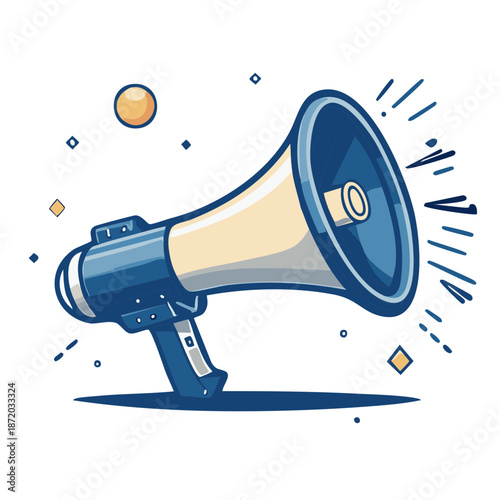 Illustration of Blue and Cream Megaphone with Graphic Elements for Loudspeaker Announcement