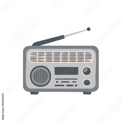 Vintage style grey radio receiver with antenna for listening entertainment