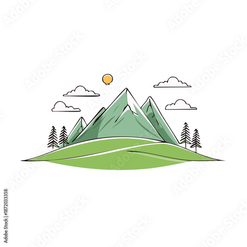 Minimalist landscape with mountains, green field, trees and clouds. Nature illustration for stock vector usage