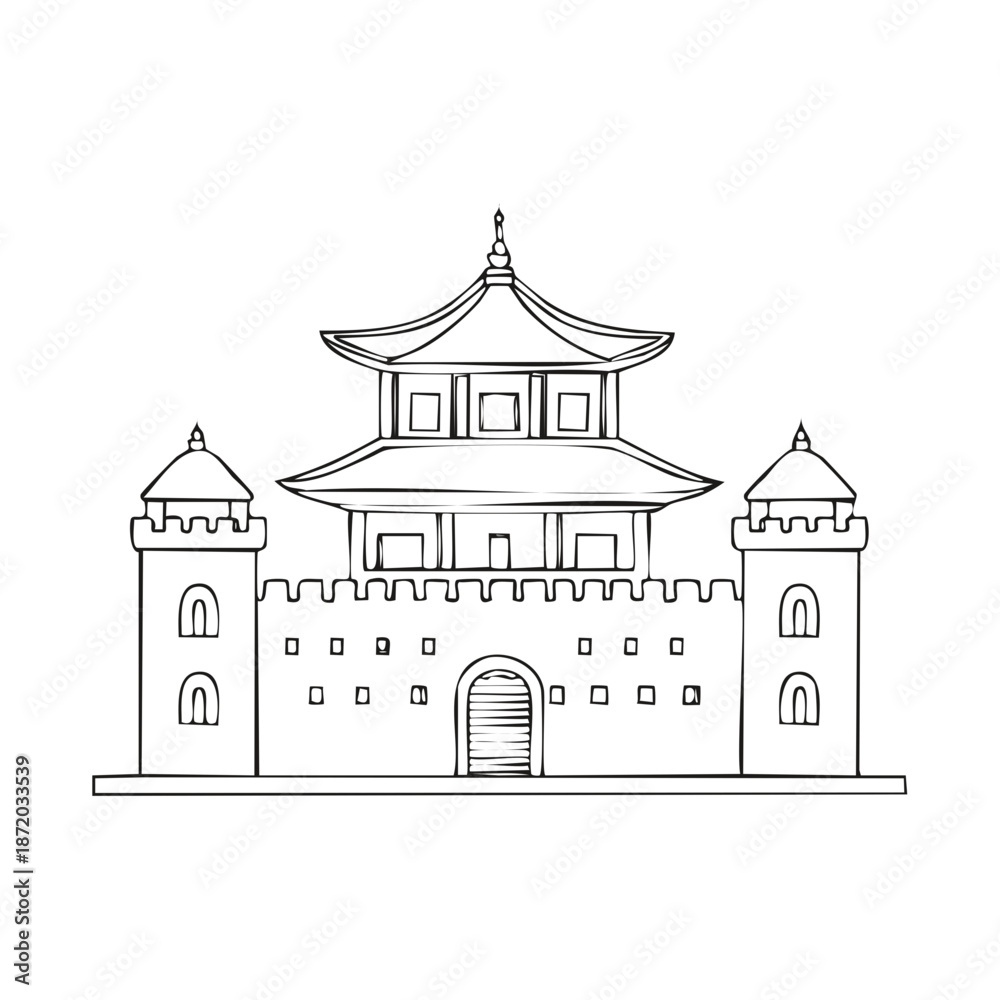Fototapeta premium Asian-Style Building Illustration with Towers and Arched Gate Entry
