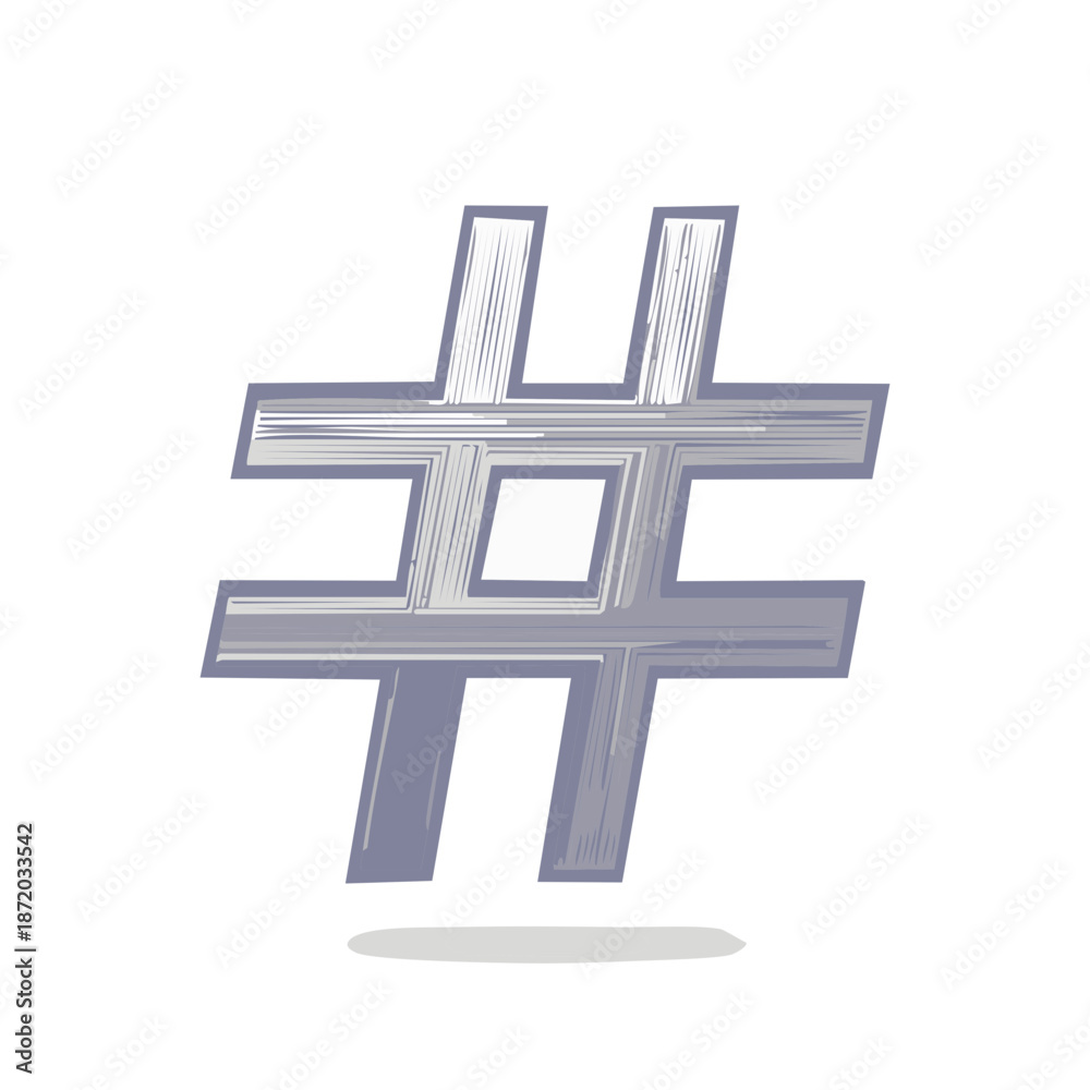 Obraz premium Hand Drawn Hashtag Symbol in Grey Tones Representing Social Media Concept with Rough Brush Stroke Texture and Shadow