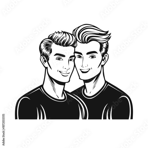 Stylized depiction of a same-sex couple in monochrome conveys intimate bond of the two men.