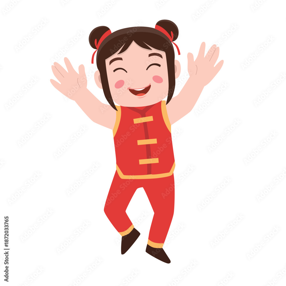 Obraz premium Chinese cartoon character. Happy Little Chinese Girl Jumping with Raised Hands Celebrating Lunar New Year Spring Festival Vector.