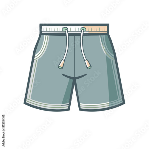 Cartoon illustration of grey blue gym shorts with drawstring and pockets