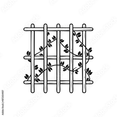 Wooden Garden Trellis with Climbing Vines and Leaves in a Hand Drawn Style