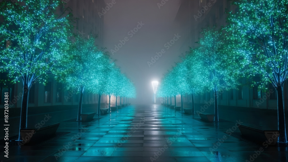 Fototapeta premium A serene city park alley in 2026, illuminated solely by the soft blue-green glow of genetically modified bioluminescent trees, foggy night, no people, sci-fi realism