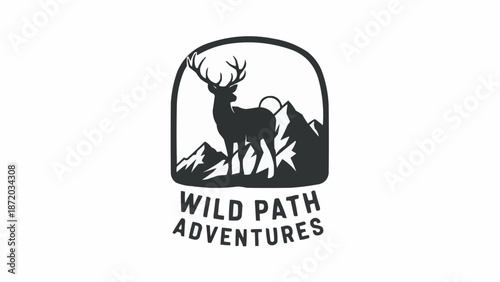 Deer Silhouette Emblem with Mountains and Text Wild Path Adventures.