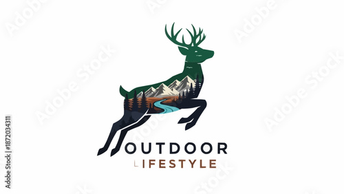 Deer Silhouette Filled With Mountain Landscape Nature Scene.