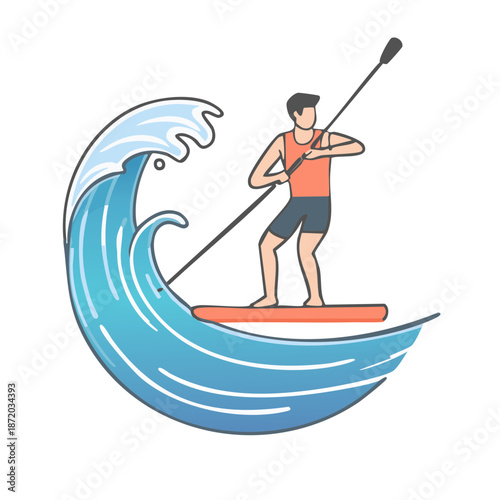 Man Paddleboarding on a Wave Orange Board Simple Style Water Activity Illustration