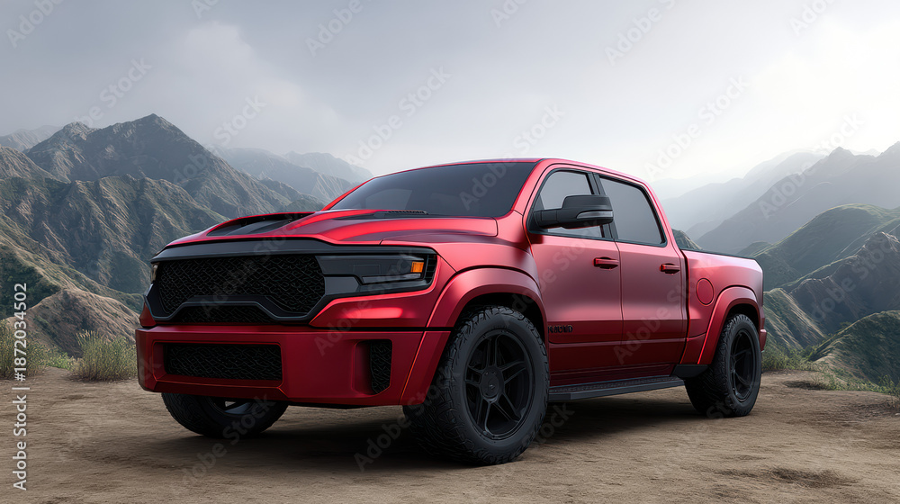 Naklejka premium A powerful red pickup truck is shown parked on a dirt road with rugged mountains in the background against an overcast sky showcasing its modern design elements.