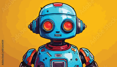 Cartoon Robot Illustration with Glowing Red Eyes and Blue Body.