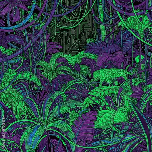 Vibrant Neon Jungle Night Whisked into an Intricate Rainforest with Hidden Wildlife