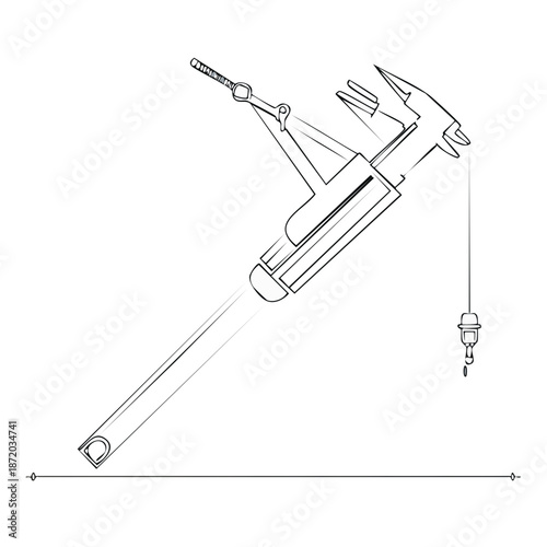 Steampunk Caliper Hybrid Machine Illustration Outline Sci-Fi Measuring Instrument