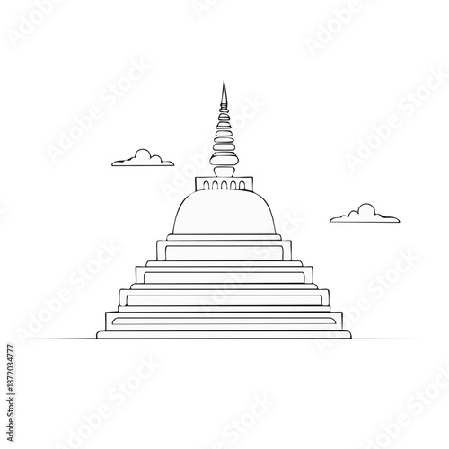Line Art Illustration of a Stupa Against Cloudscape Spiritual Sanctuary