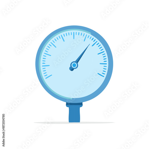Blue pressure gauge illustration shows a reading with indicator, industrial tool, and monitoring equipment, flat design cartoon style.