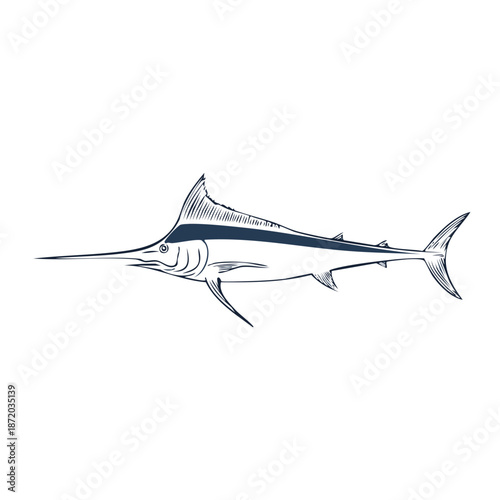 Marlin Fish Illustration in Line Art Style Seafood Emblem Marine Animal Graphic
