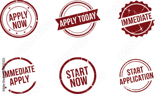 Apply stamps collection of six red circular grunge rubber seals featuring text prompts like apply now immediate start application and apply today for business recruitment
