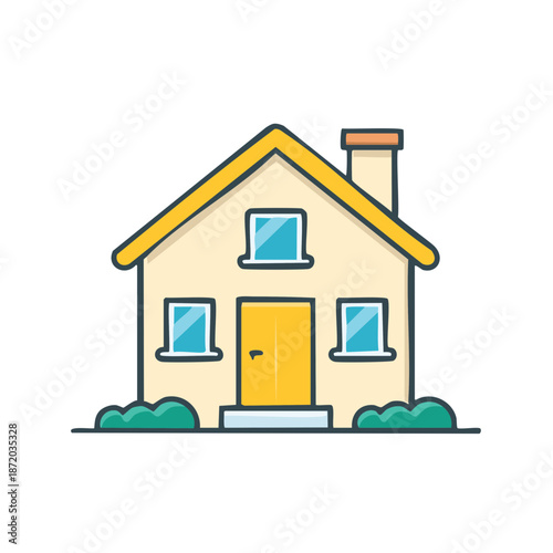 Cartoon style cozy home illustration with chimney and trimmed bushes