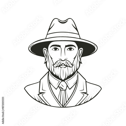 Vintage Style Portrait of Distinguished Man with Beard in Hat and Suit Gentlemanly Elegance Classic Style Line Art