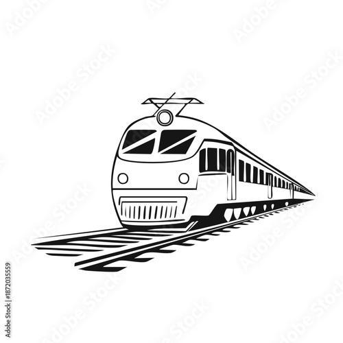 Line art drawing of modern high speed electric passenger train on railway tracks black and white transportation