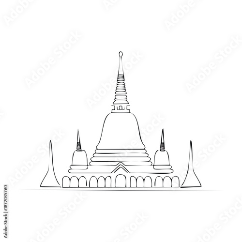 Elegant Minimalist Sketch of a Traditional Thai Temple Structure, Spiritual Architecture