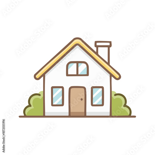 Cute Residential House With Green Bushes Illustration