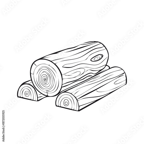 Hand-drawn monochrome illustration featuring a neatly stacked pile of firewood logs. Black and white design capturing the natural pattern of woodgrain and cut ends.