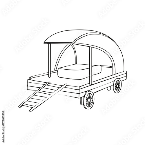 Illustration of Gypsy Wagon, Drawn Outline. Bohemian Vardo Sketch.