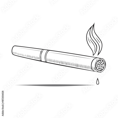 Smoking Cigar Hand Drawn Illustration with Flame and Shadow Isolated on White