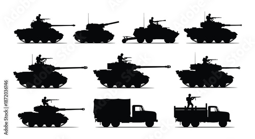 Silhouette collection of military vehicles tanks and soldiers in a dynamic scene