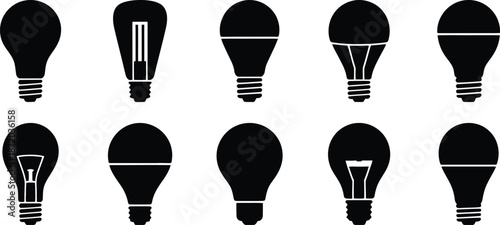 Light Bulb Silhouettes showcasing diverse lamp designs, including traditional incandescent, and modern LED forms, presented as clean, minimalist icons.

