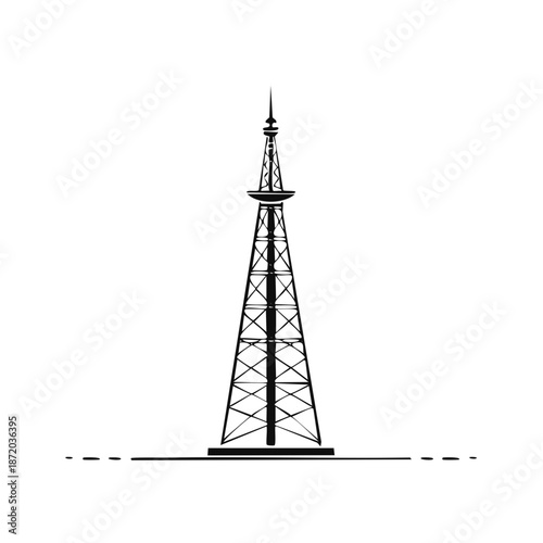 Stylized graphic vector illustration of a tall communication tower, broadcasting antenna transmitting wireless signals and technology in black and white
