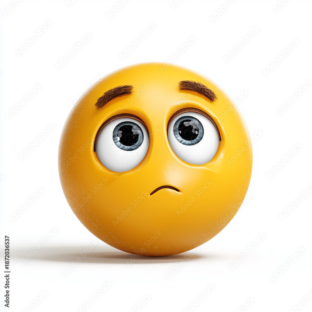 Fototapeta premium A glossy yellow emoji ball with large, watery eyes and a frowning mouth conveys sadness, worry, and introspection. Perfect for emotion, reaction, and mood-related stock content.