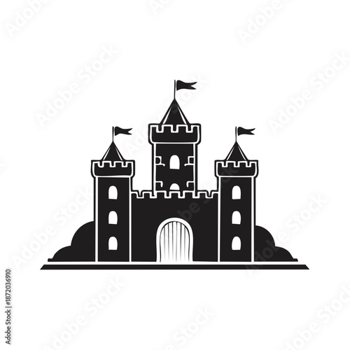 Black and white vector illustration of a classic medieval castle fortress with flags on towers against a white backdrop