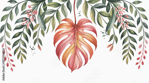 An exquisite illustration of tropical leaves and flowers evokes a lush, vibrant jungle scene, capturing the beauty of nature with intricate details in watercolors.