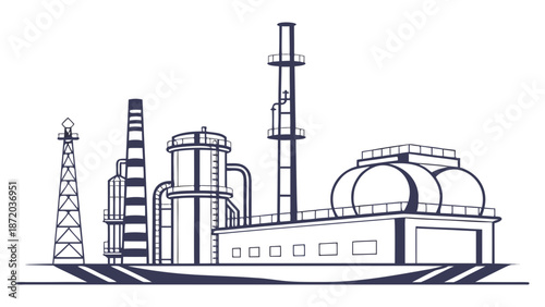 Industrial facility with storage tanks and oil rigs in a landscape setting viewed from the side