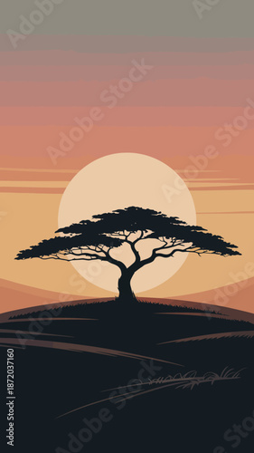 This captivating image features a lone tree silhouetted against a breathtaking sunset, encapsulating themes of solitude, nature, and the beauty of the natural world.